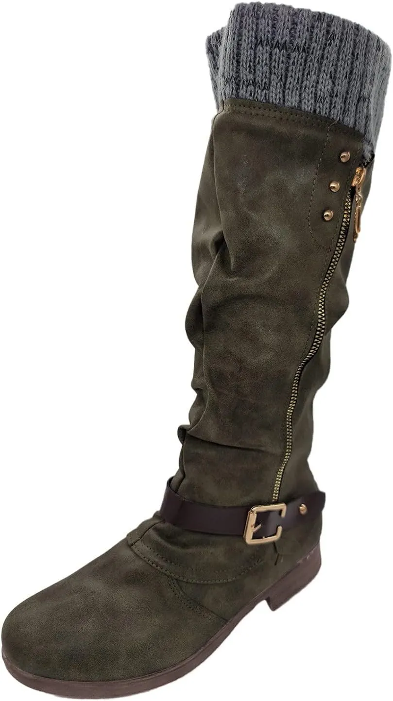 Hbeylia Knee High Boots for Women Mid Calf Flats Boots Sweater Knitted Cuff Fashion Side Zip Buckles Winter Boots Low Heel Motorcycle Riding Boots Round Toe Comfortable Tall Boots