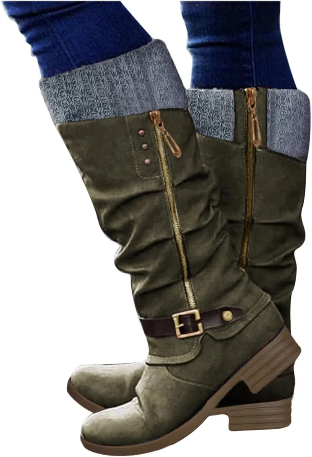 Hbeylia Knee High Boots for Women Mid Calf Flats Boots Sweater Knitted Cuff Fashion Side Zip Buckles Winter Boots Low Heel Motorcycle Riding Boots Round Toe Comfortable Tall Boots