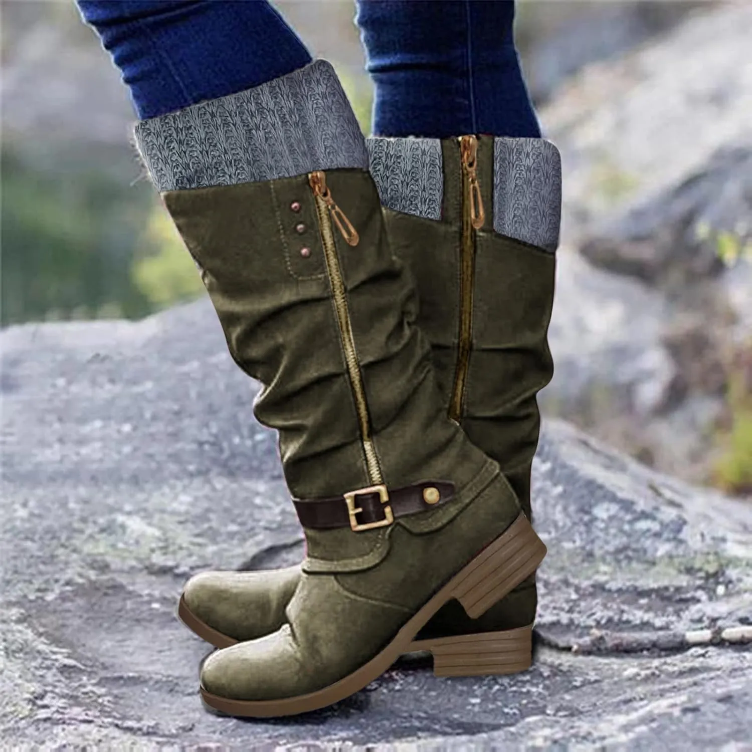 Hbeylia Knee High Boots for Women Mid Calf Flats Boots Sweater Knitted Cuff Fashion Side Zip Buckles Winter Boots Low Heel Motorcycle Riding Boots Round Toe Comfortable Tall Boots