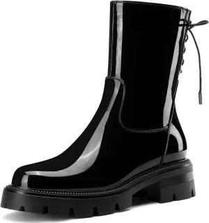 HDEUOLM Womens Chunky Platform Low Heel Round Toe Ankle Boots Short Bootie Lace-up Zipper Classic Casual Patent Leather Boots Lug Sole Boots