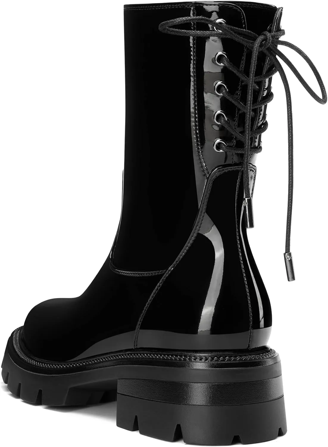 HDEUOLM Womens Chunky Platform Low Heel Round Toe Ankle Boots Short Bootie Lace-up Zipper Classic Casual Patent Leather Boots Lug Sole Boots