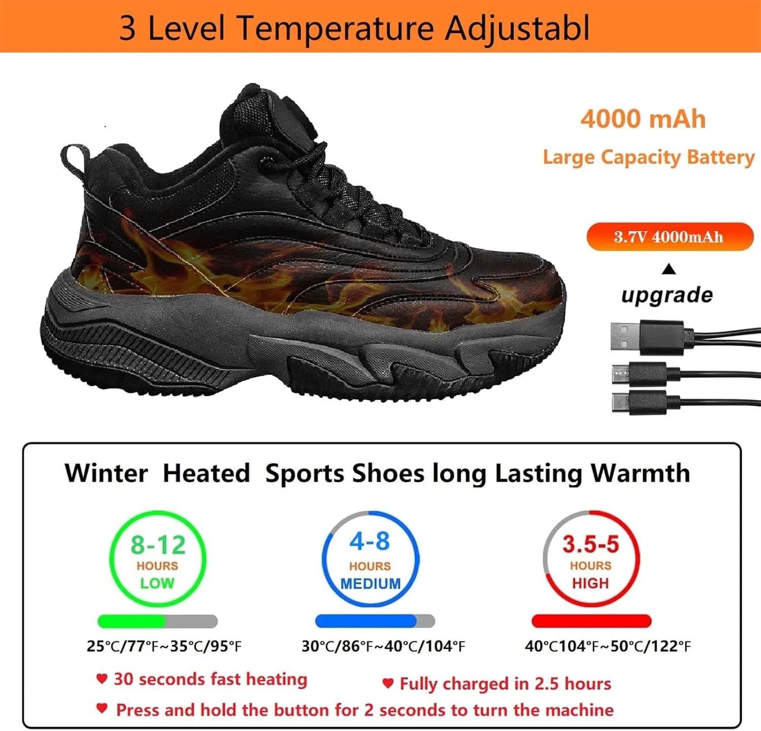 Heated Shoes for Men Women, 4000mAh Rechargeable Warm Shoes, Heated Slippers, Foot Warmer, Electric Heated Sneakers with 3 Heating Settings, for Hunting Hiking Keep Warm in Winter