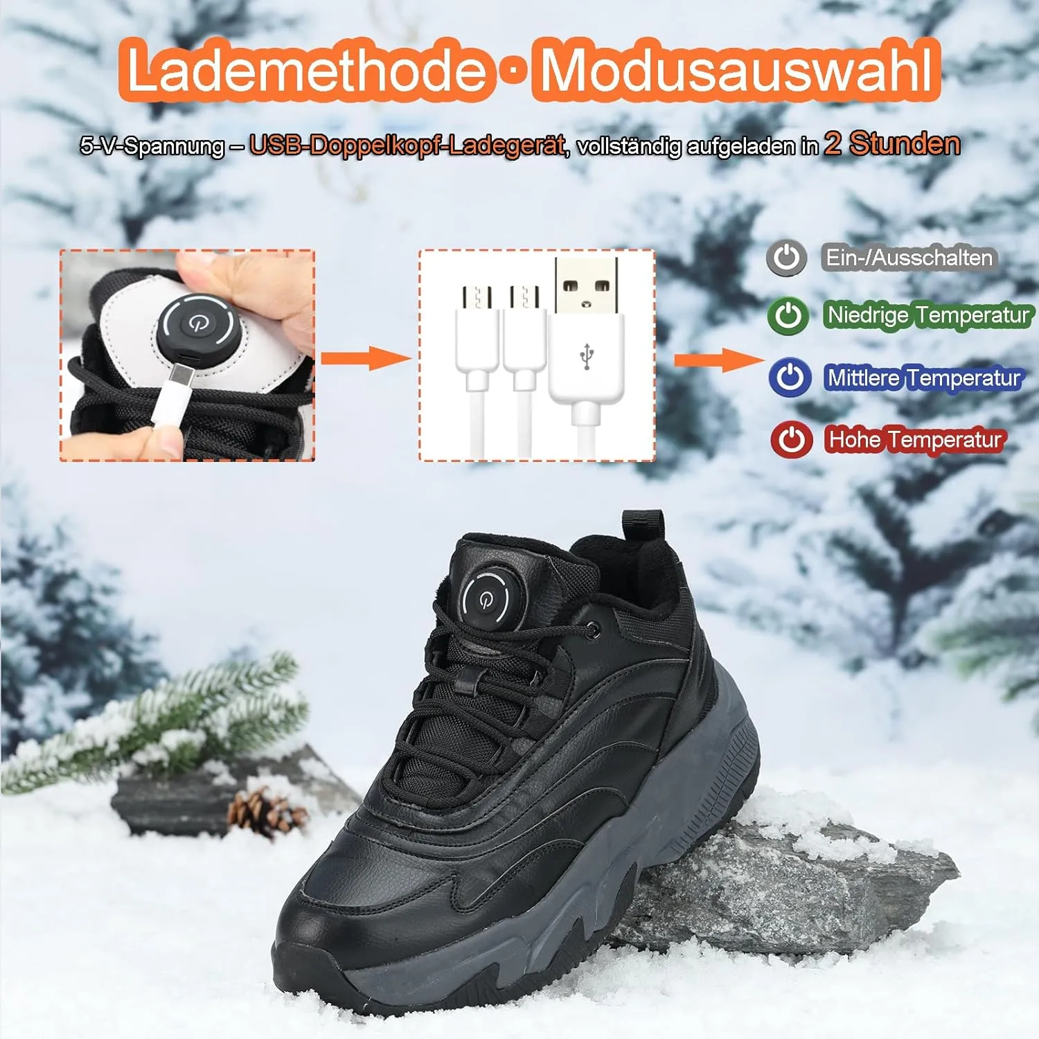 Heated Shoes for Men Women, 4000mAh Rechargeable Warm Shoes, Heated Slippers, Foot Warmer, Electric Heated Sneakers with 3 Heating Settings, for Hunting Hiking Keep Warm in Winter
