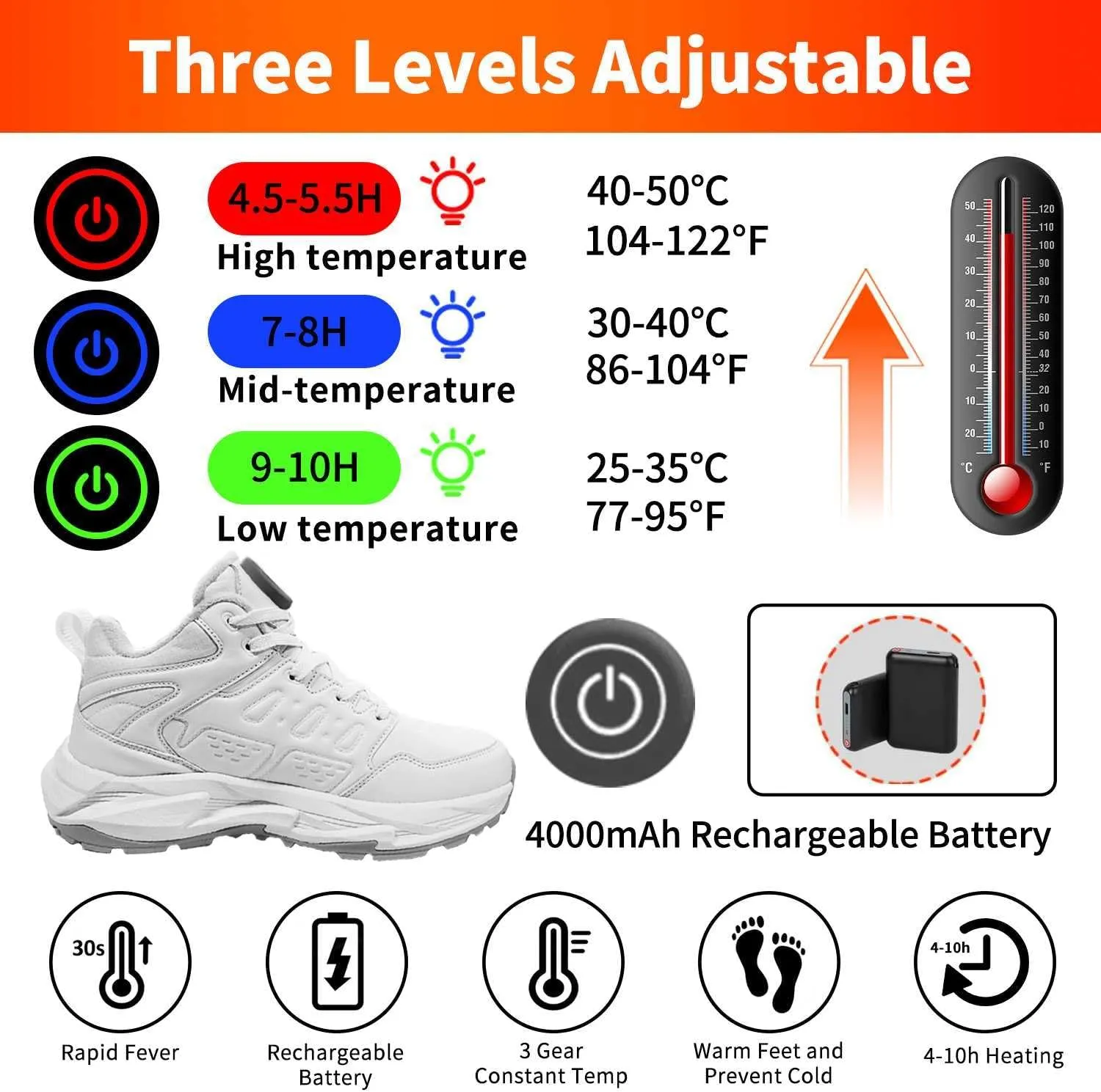 Heated Sneakers Rechargeable for Men & Women - Electric Heating Shoes with 3 Heating Levels, 4000mAh Battery - Feet Warmers for Winter