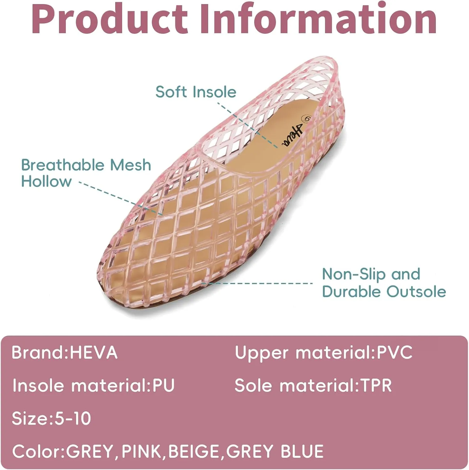 HEVA Women's Jelly Mesh Flats Breathable Clear Hollow Shoes Summer Beach Jellies Ballet Sandals