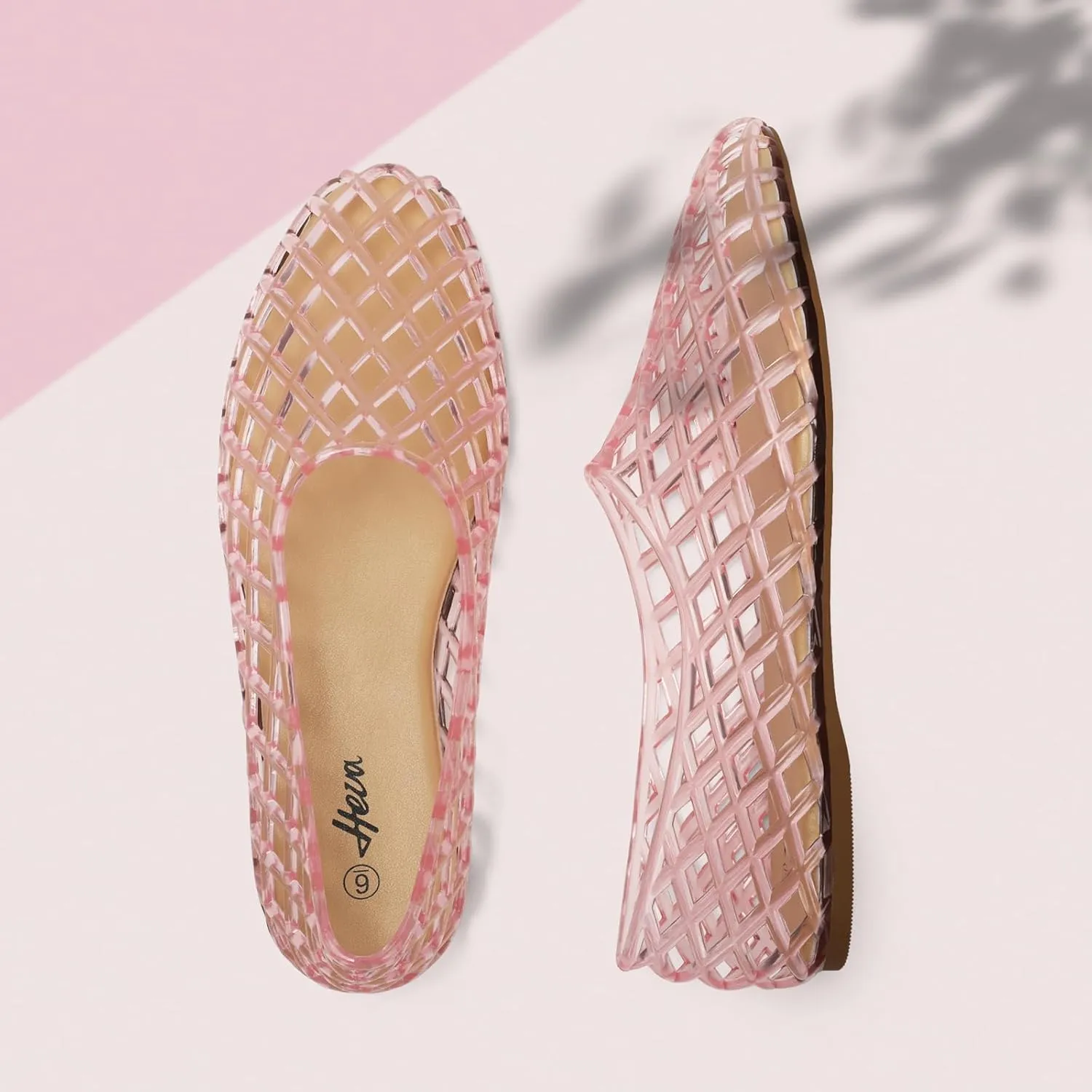 HEVA Women's Jelly Mesh Flats Breathable Clear Hollow Shoes Summer Beach Jellies Ballet Sandals
