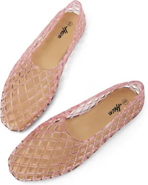 HEVA Women's Jelly Mesh Flats Breathable Clear Hollow Shoes Summer Beach Jellies Ballet Sandals