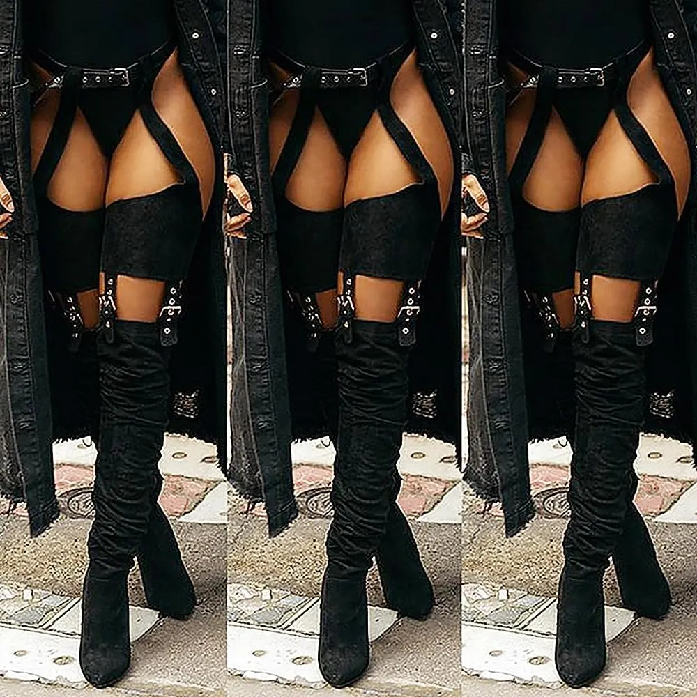 HiColor Women's Belted Pointed Toe high Boots Striking Buckle Strap Fashion thick Heel Thigh high Boot