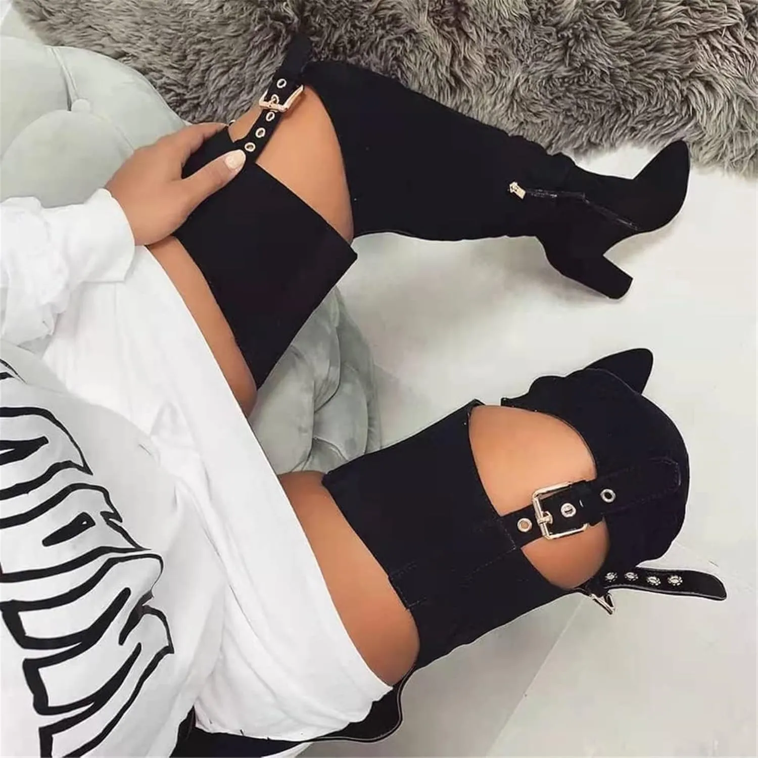 HiColor Women's Belted Pointed Toe high Boots Striking Buckle Strap Fashion thick Heel Thigh high Boot