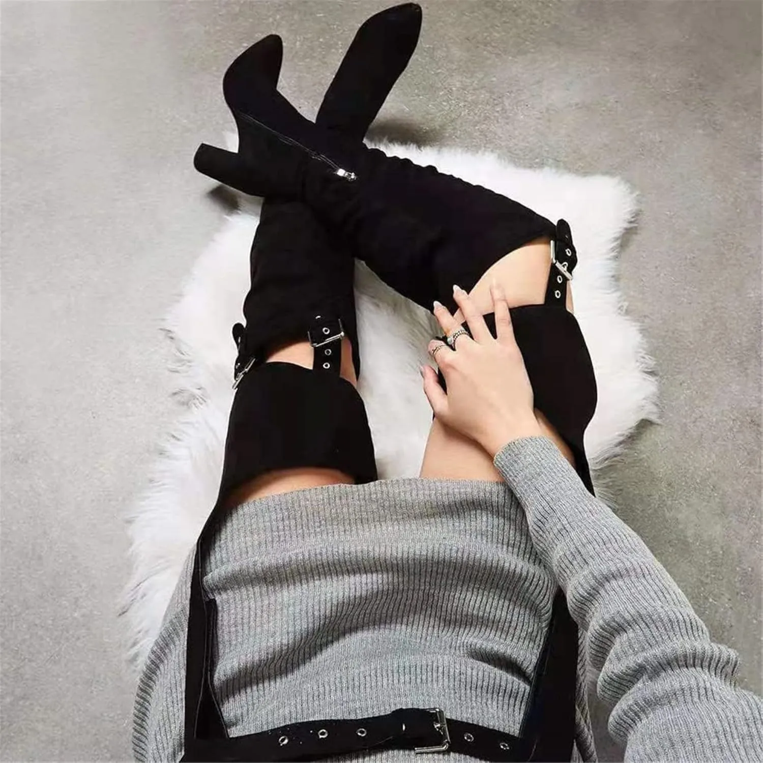 HiColor Women's Belted Pointed Toe high Boots Striking Buckle Strap Fashion thick Heel Thigh high Boot