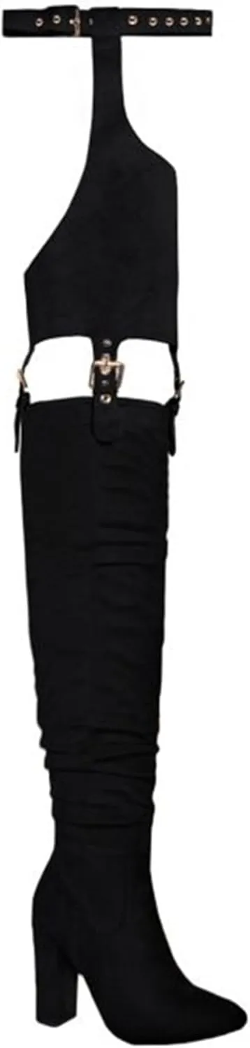 HiColor Women's Belted Pointed Toe high Boots Striking Buckle Strap Fashion thick Heel Thigh high Boot