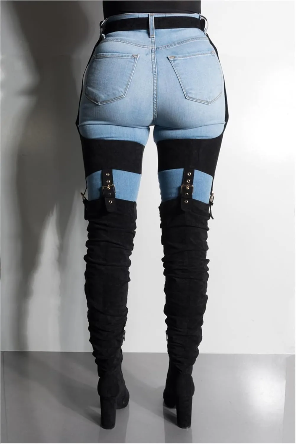 HiColor Women's Belted Pointed Toe high Boots Striking Buckle Strap Fashion thick Heel Thigh high Boot