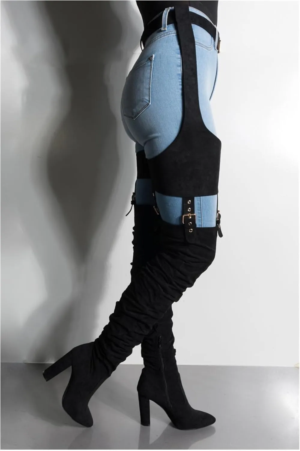 HiColor Women's Belted Pointed Toe high Boots Striking Buckle Strap Fashion thick Heel Thigh high Boot