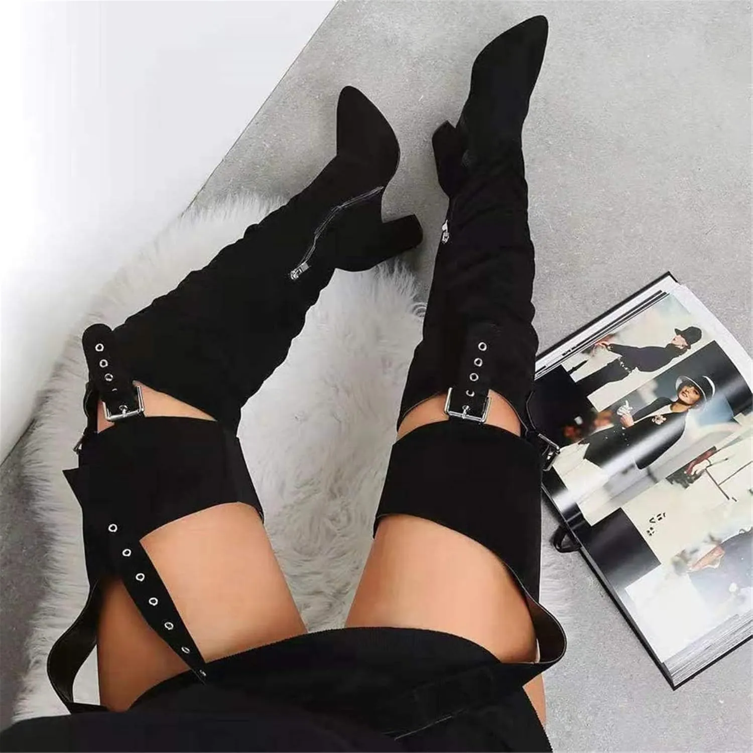 HiColor Women's Belted Pointed Toe high Boots Striking Buckle Strap Fashion thick Heel Thigh high Boot
