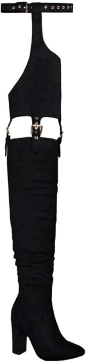 HiColor Women's Belted Pointed Toe high Boots Striking Buckle Strap Fashion thick Heel Thigh high Boot