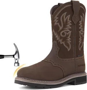 HISEA NINGO Men's Western Cowboy Boots Waterproof Square Toe Steel/Soft Toe Work Boots Men's Slip On Pull On Safety Toe Leather Work Boots for Construction Farming