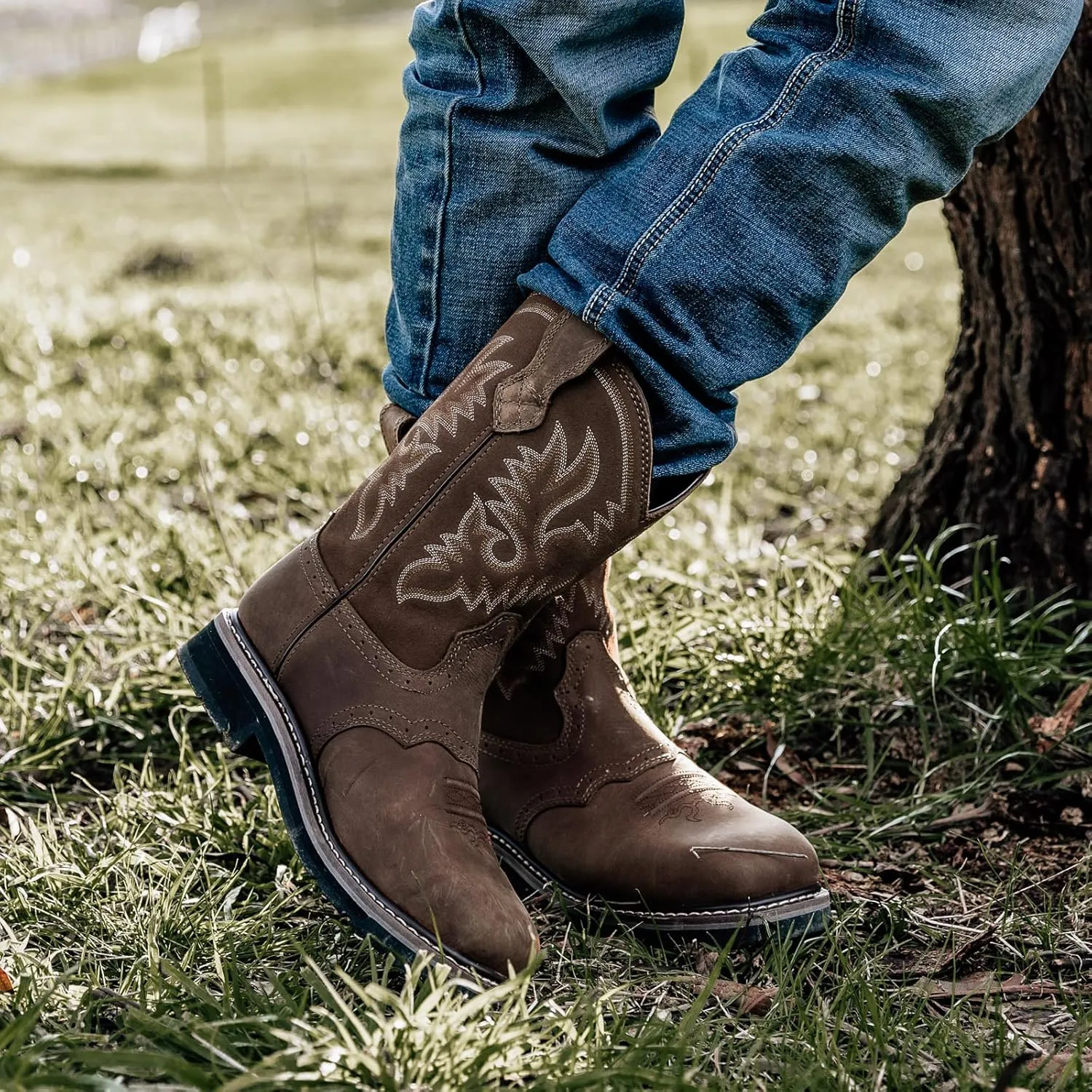 HISEA NINGO Men's Western Cowboy Boots Waterproof Square Toe Steel/Soft Toe Work Boots Men's Slip On Pull On Safety Toe Leather Work Boots for Construction Farming