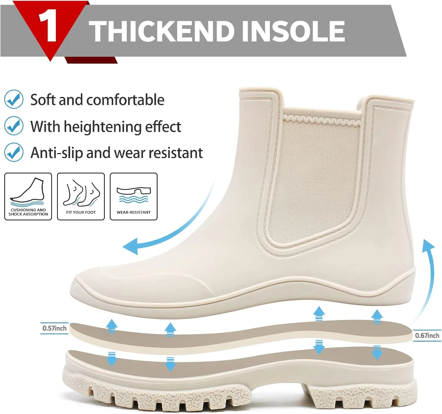 Hsttgsr Women's Rain Boots, Comfortable Elastic Adult Ankle Booties, Fashion Mid Heel Chelsea Boots, Waterproof Non-Slip Chunky Platform Lug Sole Short Garden Boots