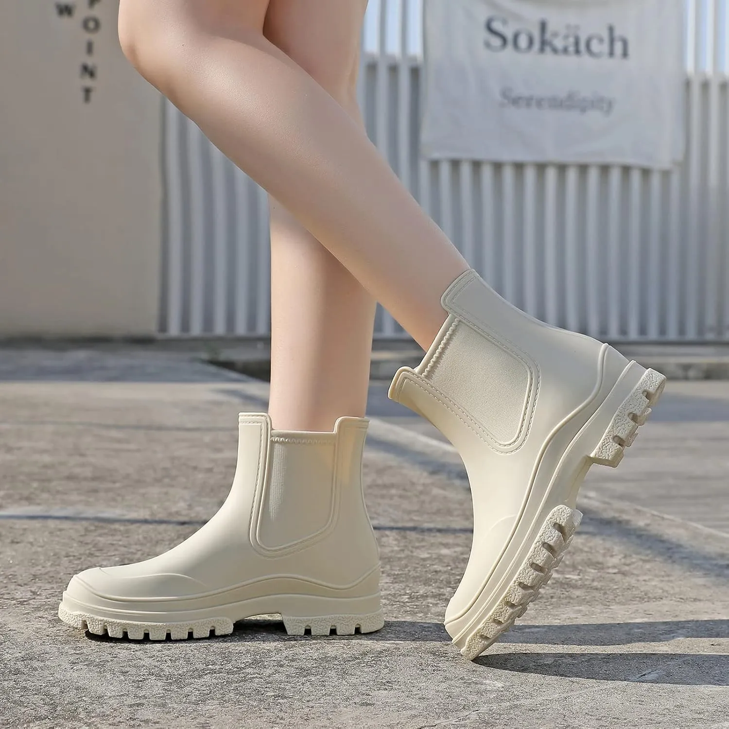 Hsttgsr Women's Rain Boots, Comfortable Elastic Adult Ankle Booties, Fashion Mid Heel Chelsea Boots, Waterproof Non-Slip Chunky Platform Lug Sole Short Garden Boots