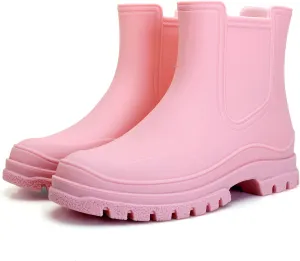 Hsttgsr Women's Rain Boots, Comfortable Elastic Adult Ankle Booties, Fashion Mid Heel Chelsea Boots, Waterproof Non-Slip Chunky Platform Lug Sole Short Garden Boots