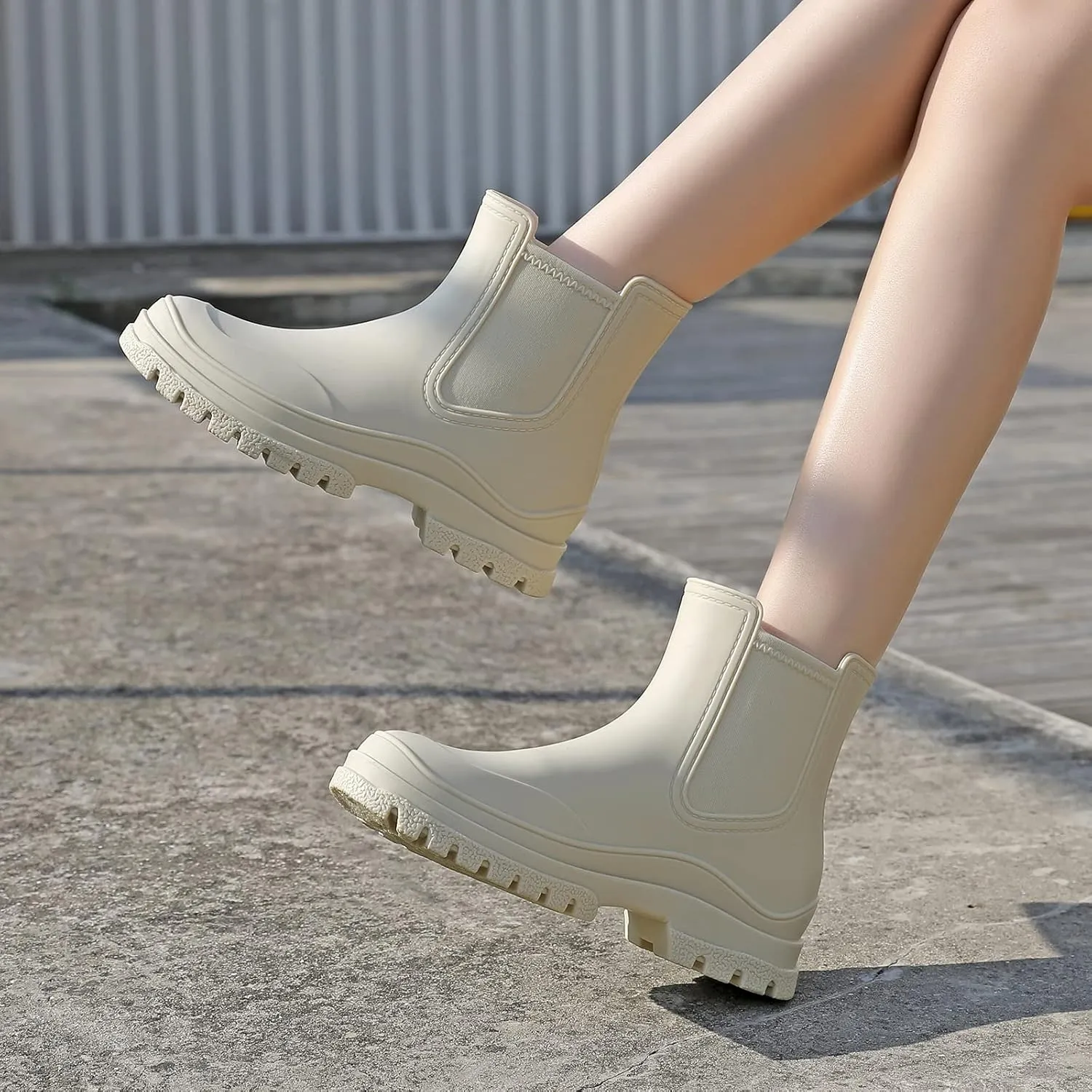 Hsttgsr Women's Rain Boots, Comfortable Elastic Adult Ankle Booties, Fashion Mid Heel Chelsea Boots, Waterproof Non-Slip Chunky Platform Lug Sole Short Garden Boots