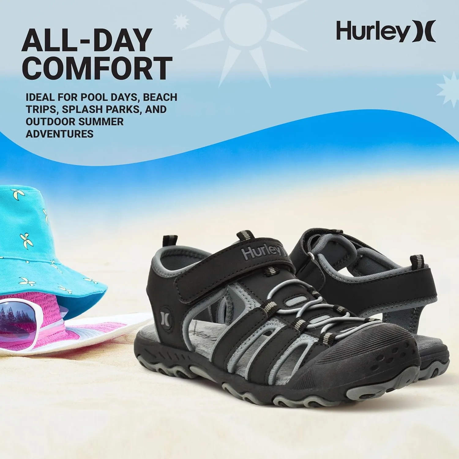 Hurley Kid's and Toddlers Water Sandals - Beach Sandals for Boys and Girls, Lightweight Durable Closed Toe with Adjustable Upper for Outdoors, Water Play and Pool Champ