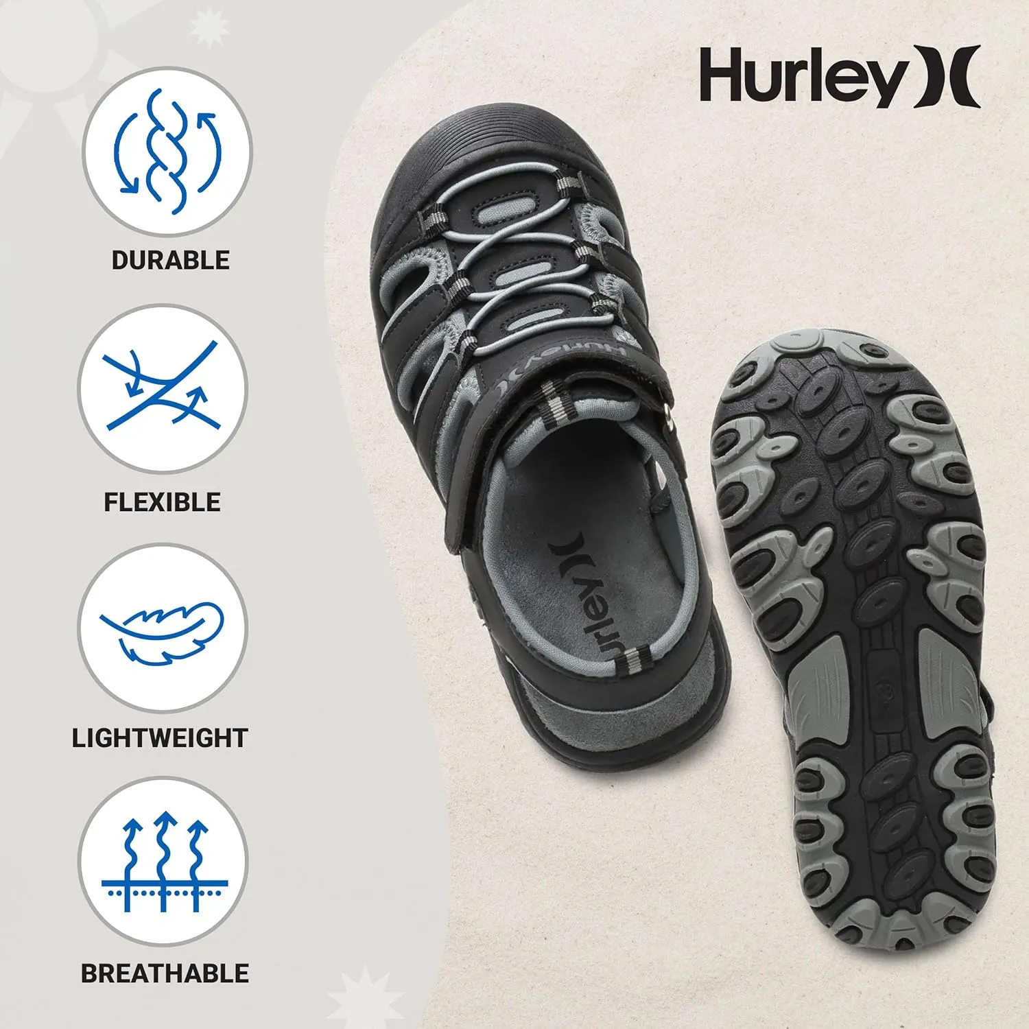 Hurley Kid's and Toddlers Water Sandals - Beach Sandals for Boys and Girls, Lightweight Durable Closed Toe with Adjustable Upper for Outdoors, Water Play and Pool Champ
