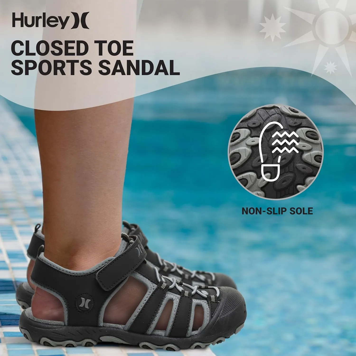Hurley Kid's and Toddlers Water Sandals - Beach Sandals for Boys and Girls, Lightweight Durable Closed Toe with Adjustable Upper for Outdoors, Water Play and Pool Champ