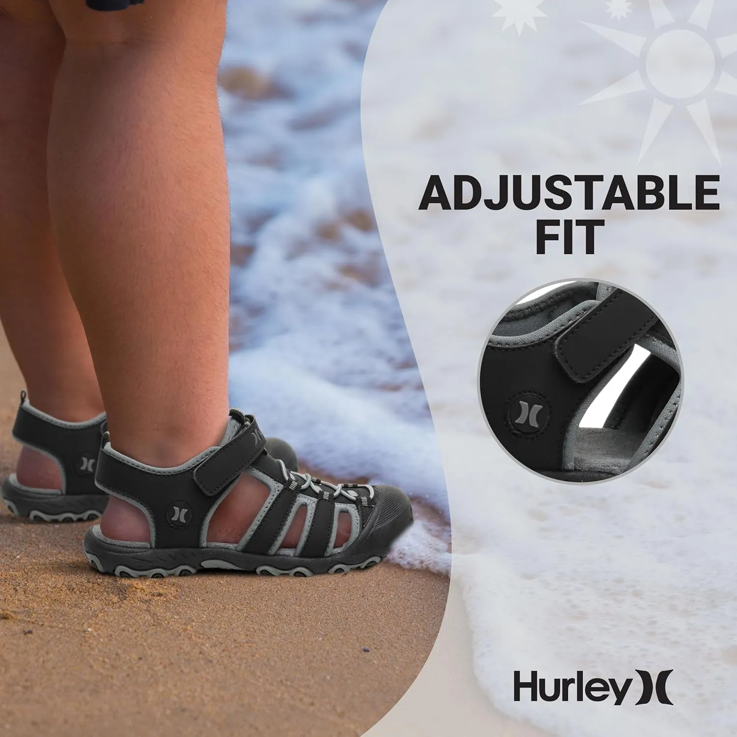 Hurley Kid's and Toddlers Water Sandals - Beach Sandals for Boys and Girls, Lightweight Durable Closed Toe with Adjustable Upper for Outdoors, Water Play and Pool Champ