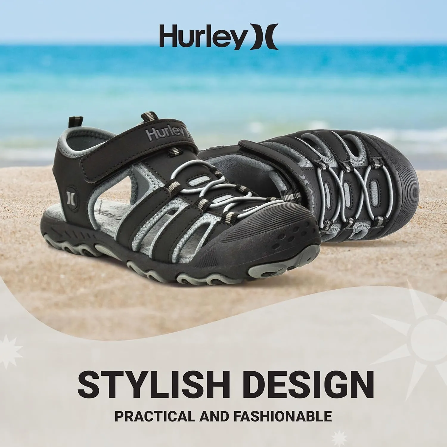 Hurley Kid's and Toddlers Water Sandals - Beach Sandals for Boys and Girls, Lightweight Durable Closed Toe with Adjustable Upper for Outdoors, Water Play and Pool Champ