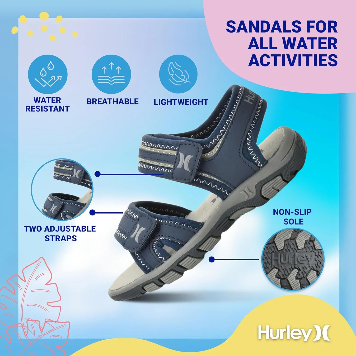 Hurley Loni Toddler Water Shoes, Beach Essentials, Girls and Boys Open Toe Sandals, Lightweight, Breathable and Two Adjustable Straps