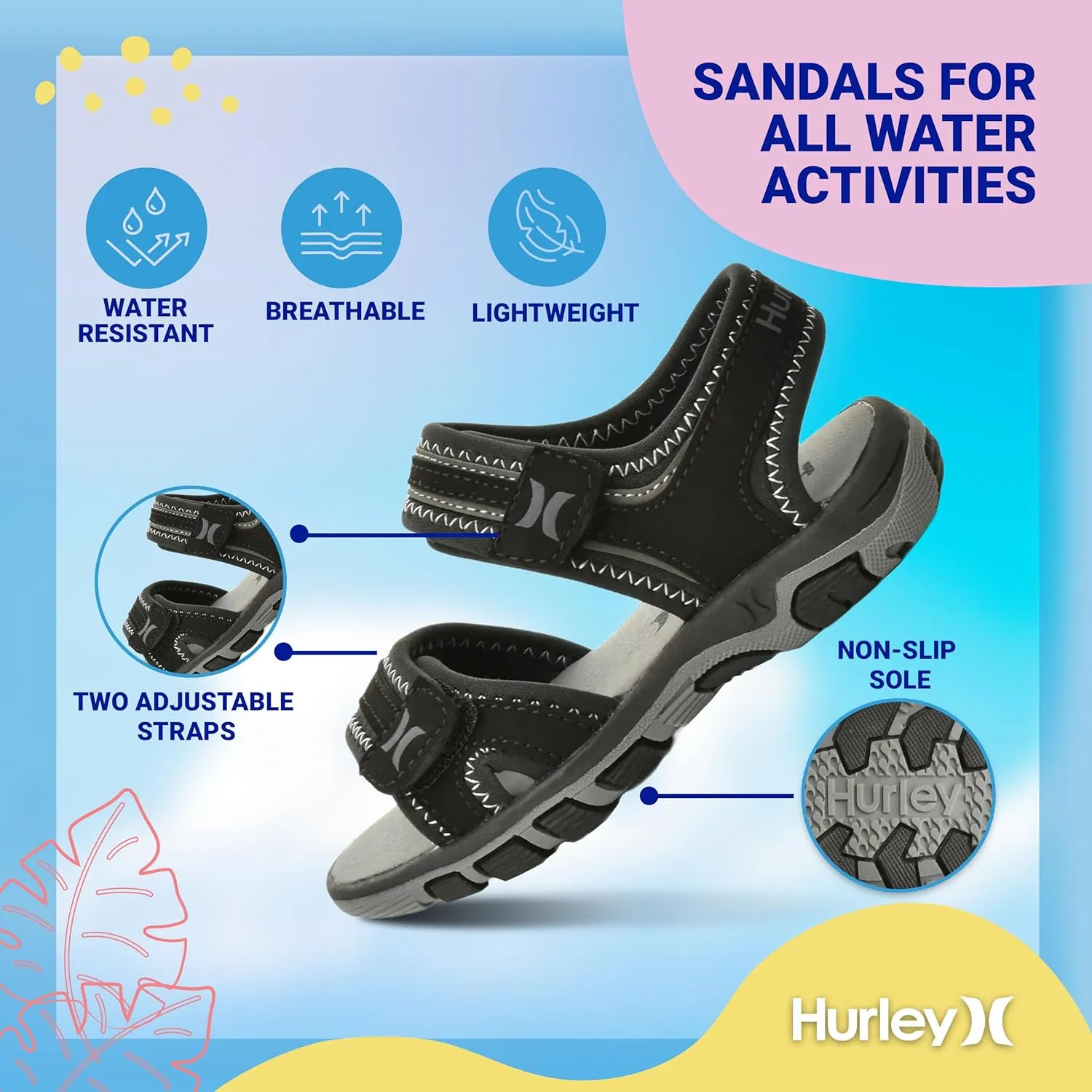 Hurley Loni Toddler Water Shoes, Beach Essentials, Girls and Boys Open Toe Sandals, Lightweight, Breathable and Two Adjustable Straps
