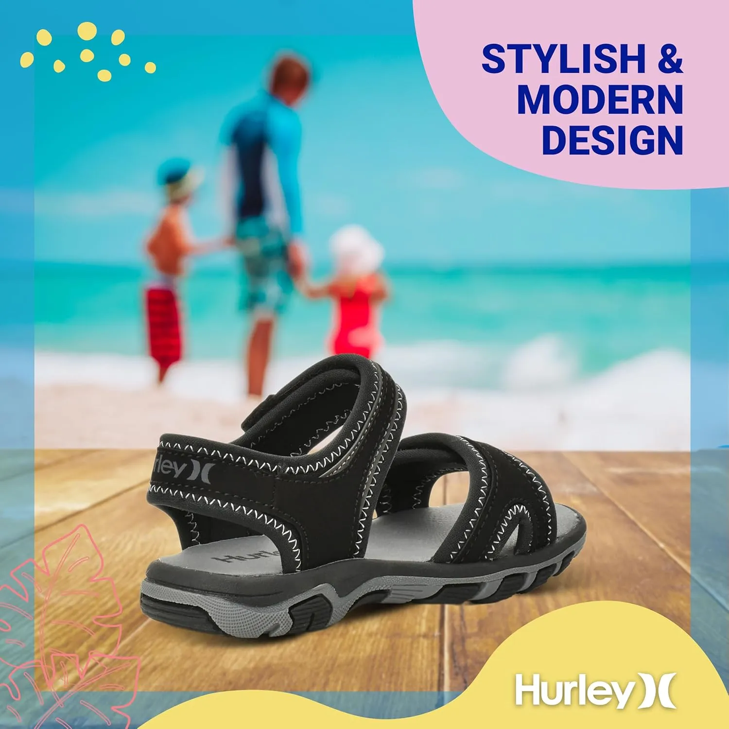 Hurley Loni Toddler Water Shoes, Beach Essentials, Girls and Boys Open Toe Sandals, Lightweight, Breathable and Two Adjustable Straps