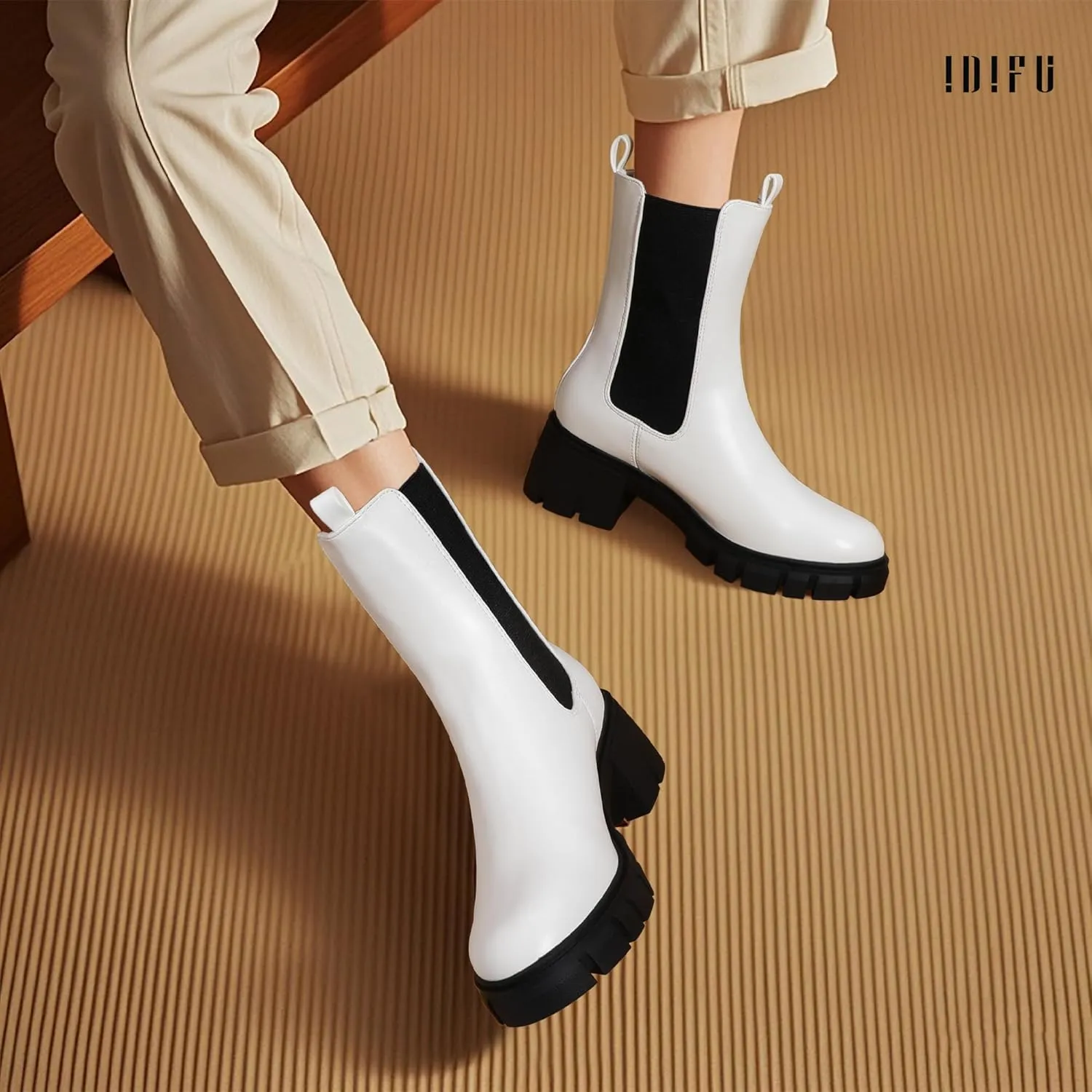 IDIFU IN2 Chelsea Ankle Boots for Women Low Short Block Chunky Heel Mid Calf Slip On Lug Sole Platform Fall Dress Booties Ladies Fashion Comfortable Casual Cute Trendy Elastic Thick Boots