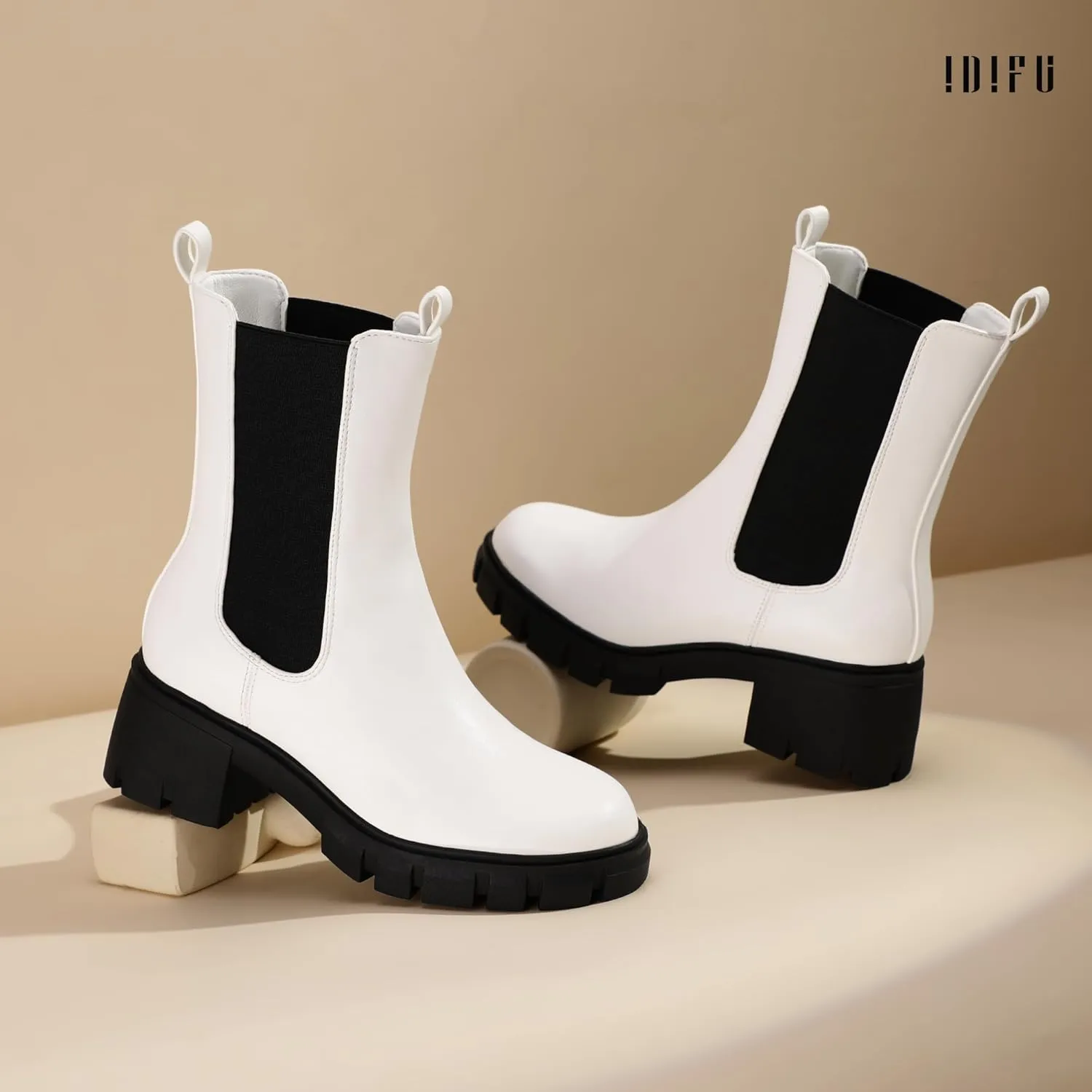 IDIFU IN2 Chelsea Ankle Boots for Women Low Short Block Chunky Heel Mid Calf Slip On Lug Sole Platform Fall Dress Booties Ladies Fashion Comfortable Casual Cute Trendy Elastic Thick Boots