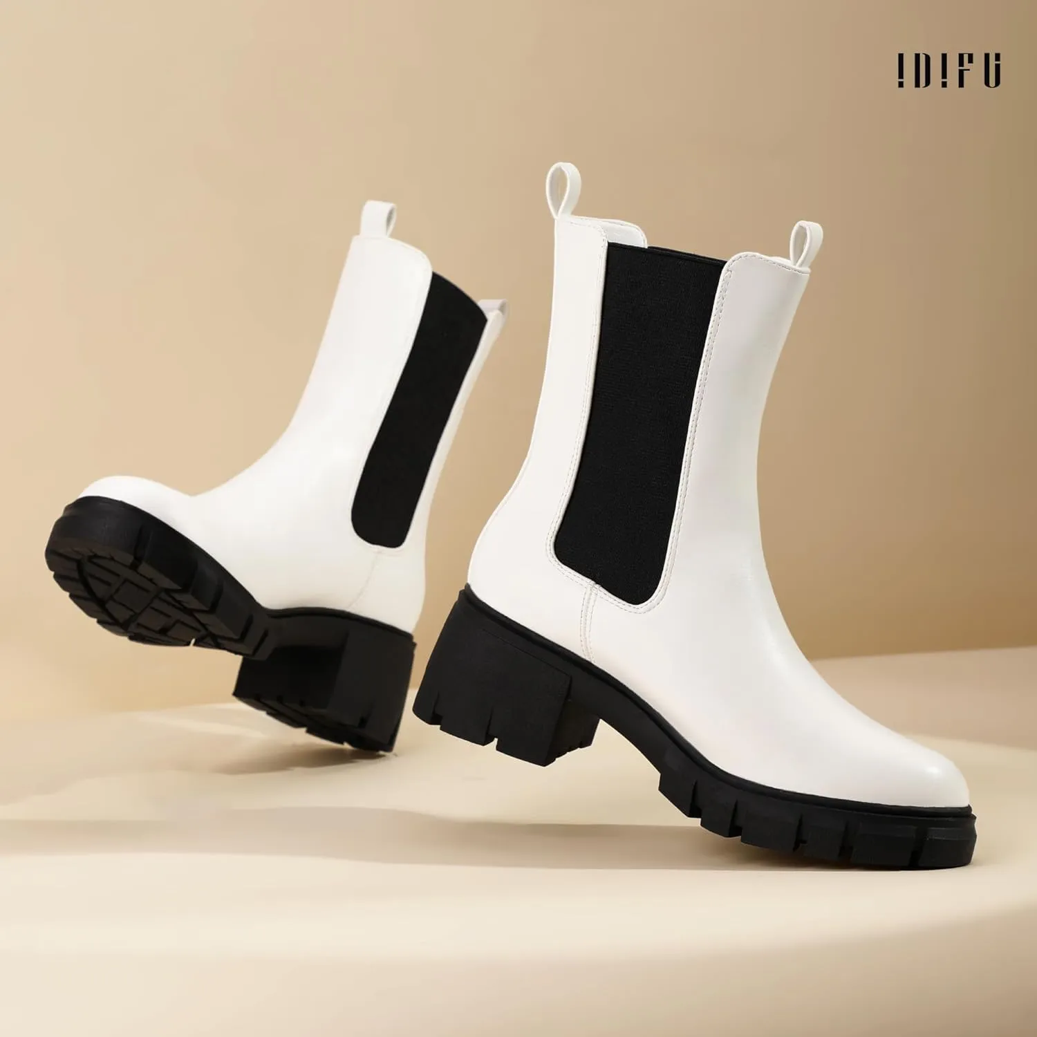 IDIFU IN2 Chelsea Ankle Boots for Women Low Short Block Chunky Heel Mid Calf Slip On Lug Sole Platform Fall Dress Booties Ladies Fashion Comfortable Casual Cute Trendy Elastic Thick Boots