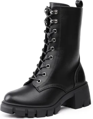 IDIFU IN3 Platform Combat Boots for Women Mid Calf Lace Up Boots Lug Sole Low Chunky Block Heel Boots Closed Round Toe Side Zipper Booties Fashion Thick Fall Heeled Boots-LOOSEN ALL LACES FIRSTLY