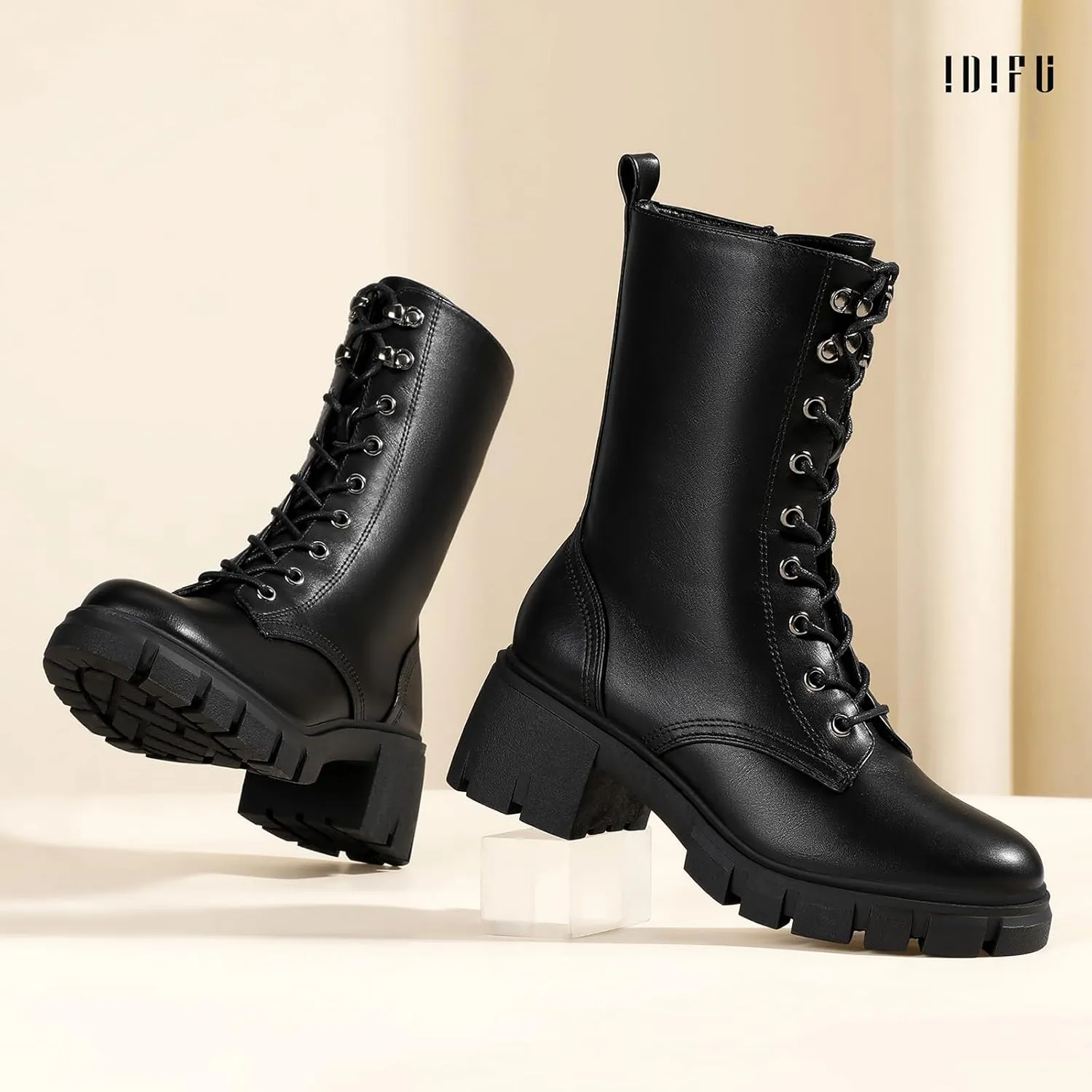 IDIFU IN3 Platform Combat Boots for Women Mid Calf Lace Up Boots Lug Sole Low Chunky Block Heel Boots Closed Round Toe Side Zipper Booties Fashion Thick Fall Heeled Boots-LOOSEN ALL LACES FIRSTLY