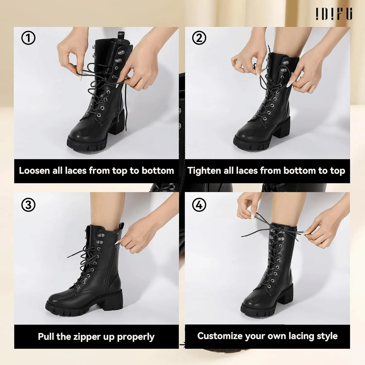 IDIFU IN3 Platform Combat Boots for Women Mid Calf Lace Up Boots Lug Sole Low Chunky Block Heel Boots Closed Round Toe Side Zipper Booties Fashion Thick Fall Heeled Boots-LOOSEN ALL LACES FIRSTLY