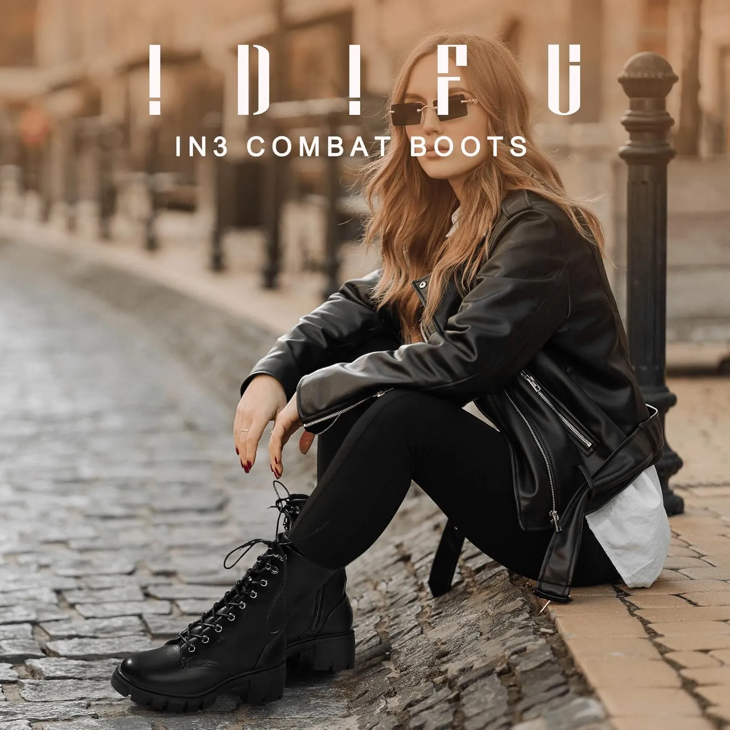 IDIFU IN3 Platform Combat Boots for Women Mid Calf Lace Up Boots Lug Sole Low Chunky Block Heel Boots Closed Round Toe Side Zipper Booties Fashion Thick Fall Heeled Boots-LOOSEN ALL LACES FIRSTLY