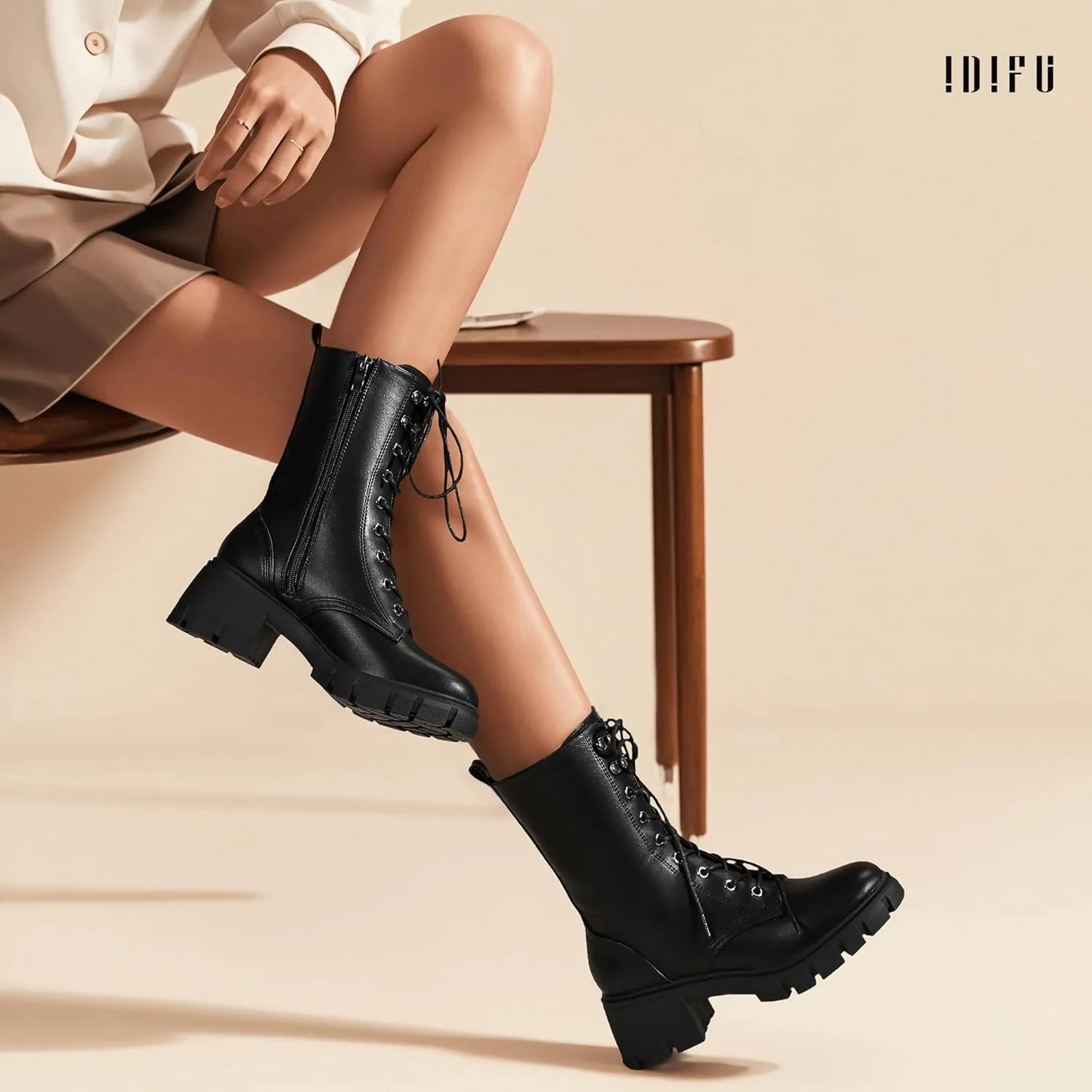 IDIFU IN3 Platform Combat Boots for Women Mid Calf Lace Up Boots Lug Sole Low Chunky Block Heel Boots Closed Round Toe Side Zipper Booties Fashion Thick Fall Heeled Boots-LOOSEN ALL LACES FIRSTLY