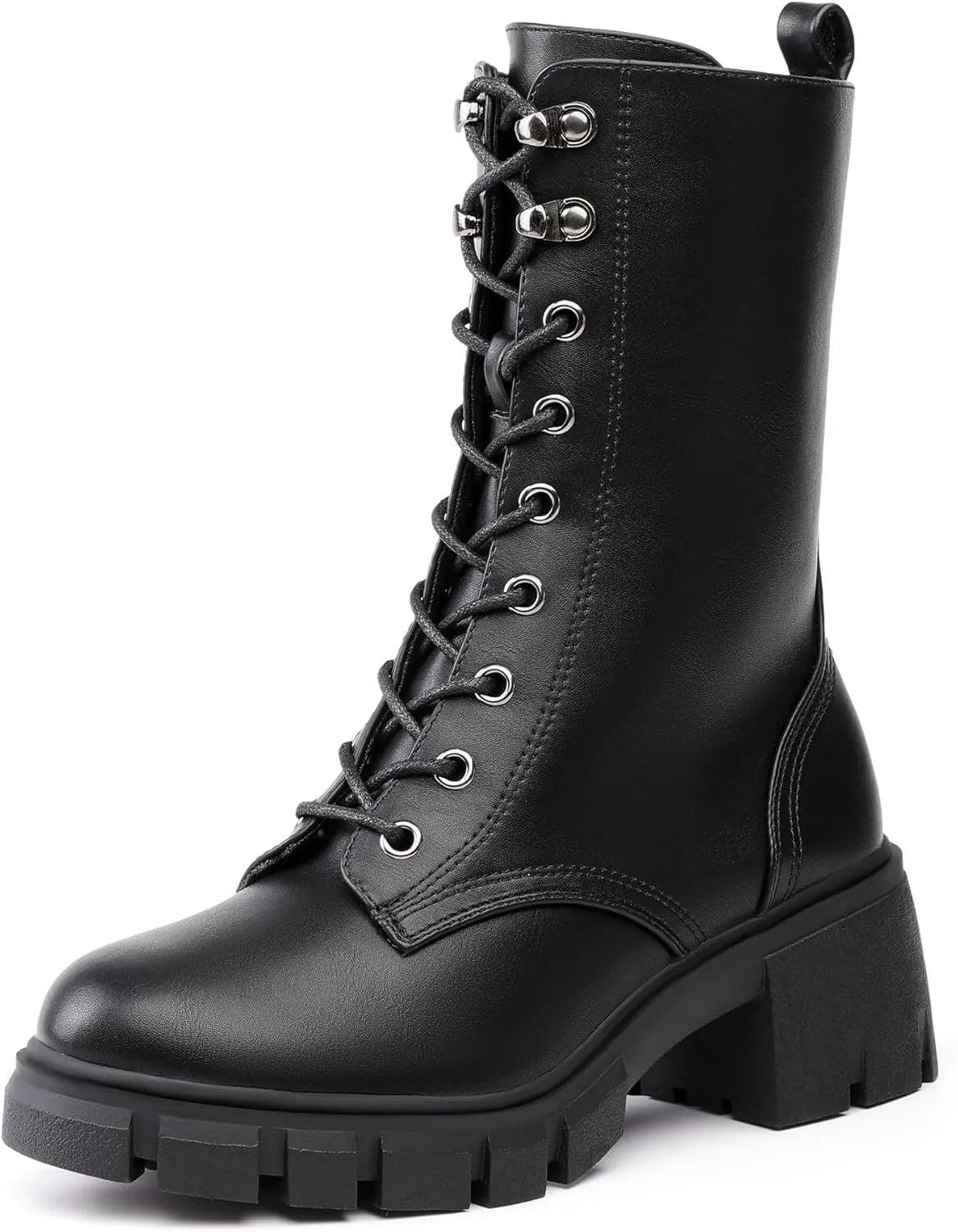 IDIFU IN3 Platform Combat Boots for Women Mid Calf Lace Up Boots Lug Sole Low Chunky Block Heel Boots Closed Round Toe Side Zipper Booties Fashion Thick Fall Heeled Boots-LOOSEN ALL LACES FIRSTLY