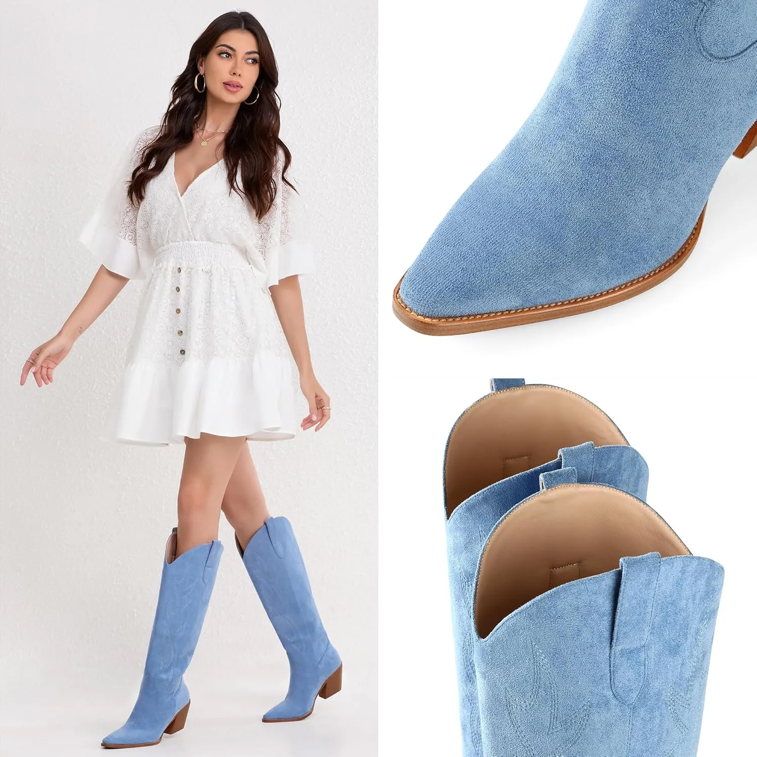 iiimmu Cowgirl Boots Women Knee High Boots Pointed Toe and Block Heel Cowboy Suede and Faux Leather Boots with Embroidered