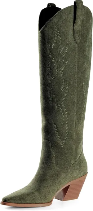 iiimmu Cowgirl Boots Women Knee High Boots Pointed Toe and Block Heel Cowboy Suede and Faux Leather Boots with Embroidered