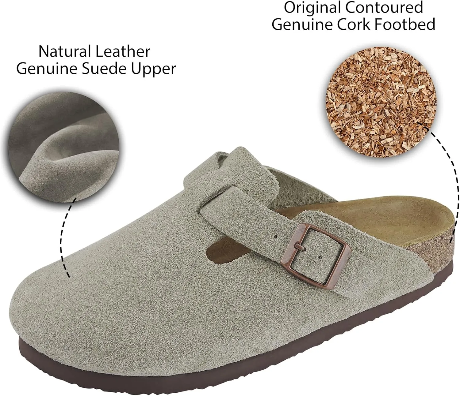 ILLIMITE Suede Clogs for Women Men Cork Footbed Sandals Leather Mules Potato Shoes with Arch Support and Adjustable Buckle