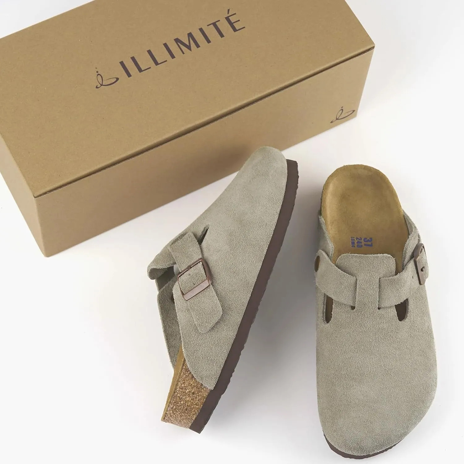 ILLIMITE Suede Clogs for Women Men Cork Footbed Sandals Leather Mules Potato Shoes with Arch Support and Adjustable Buckle