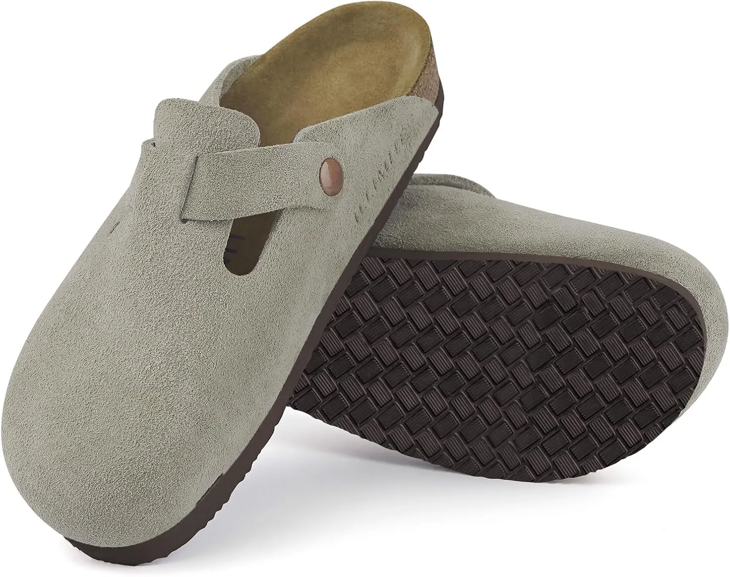 ILLIMITE Suede Clogs for Women Men Cork Footbed Sandals Leather Mules Potato Shoes with Arch Support and Adjustable Buckle