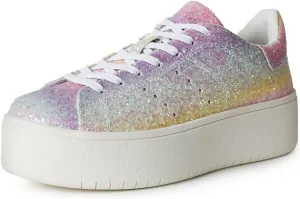 J. Adams Hero Platform Sneakers for Women - Casual Lace Up Fashion Tennis Shoes - Rainbow Glitter - 6.5