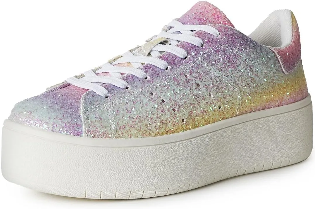J. Adams Hero Platform Sneakers for Women - Casual Lace Up Fashion Tennis Shoes - Rainbow Glitter - 6.5