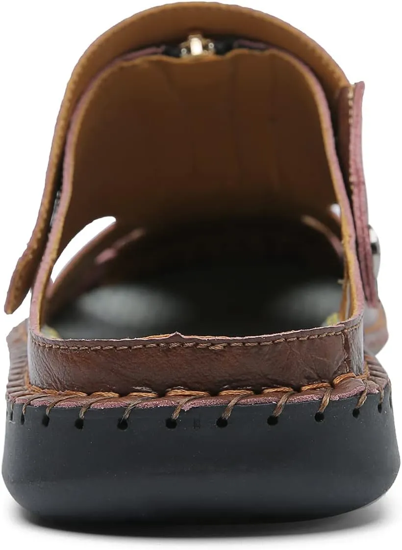 JAMONWU Men's Casual Closed Toe Adjustable Leather Sandals Handmade Fisherman Beach Sandals